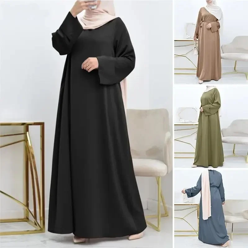 Femme Loose Turkey Kaftan Vintage Spring Muslim Dress Malay Simple Solid Women Abaya O-neck with Belt Big Size Long Sleeves Robe