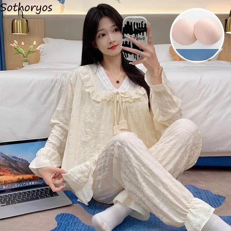 

Pajama Sets Women with Chest Pads Jacquard Ins Korean Fashion Sweet Lace Bow Design Princess Harajuku Gentle Young Chic Pyjamas