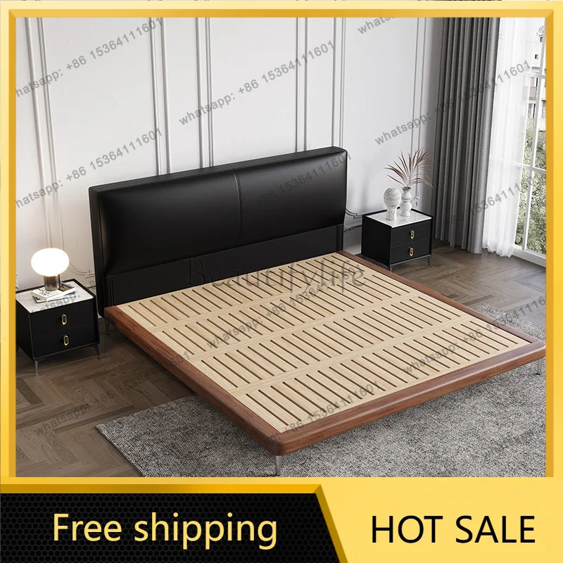 Factory Direct Sales New Leather Bed Modern Minimalist Large Black Cowhide Bed Small Unit