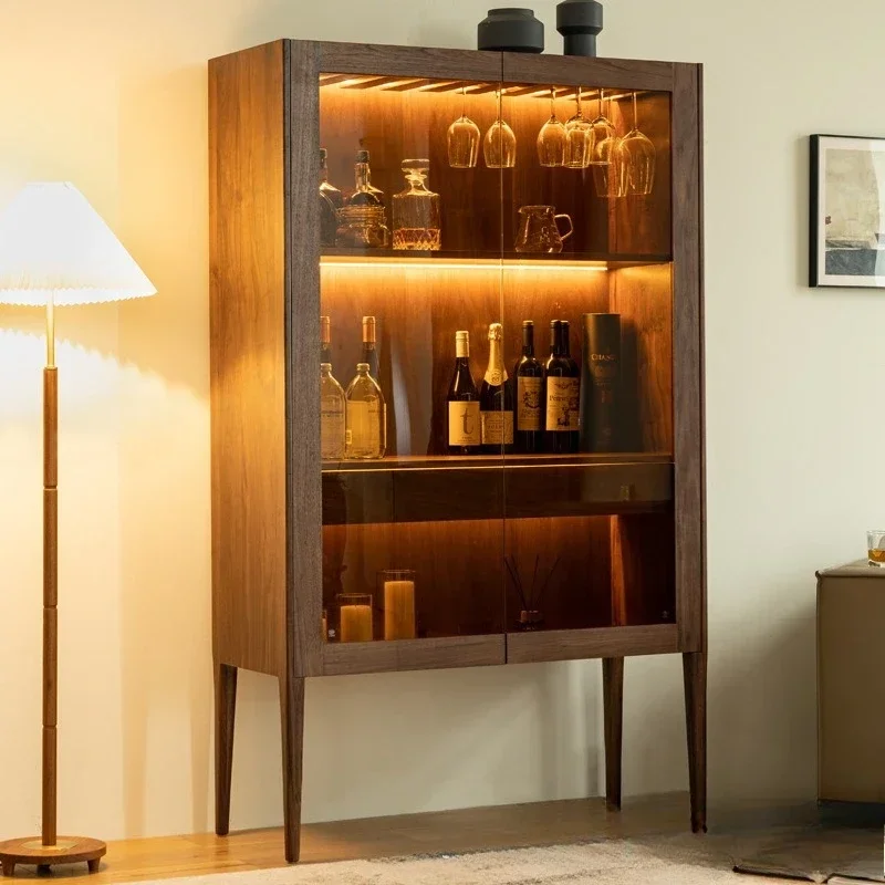 Nordic light luxury black walnut wine cabinet livi ng room ag ainst the wa ll solid woo d gl ass do uble