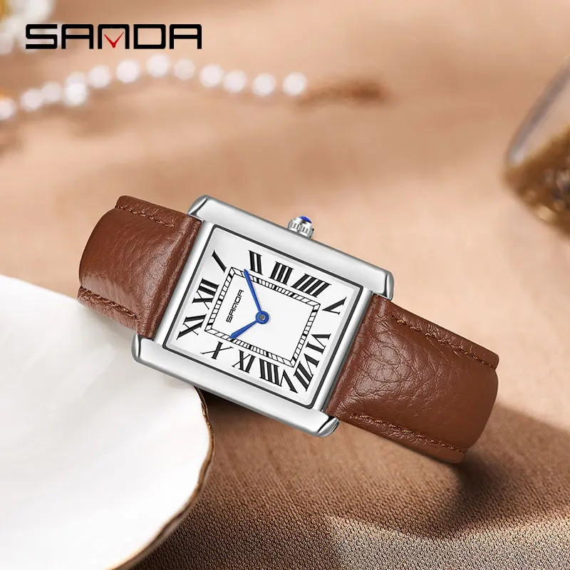 

SANDA Brand Luxury Women Watch Leather Casual Waterproof Ladies Quartz Wristwatch Rectangular Clock Lover Gift Box Reloj Mujer