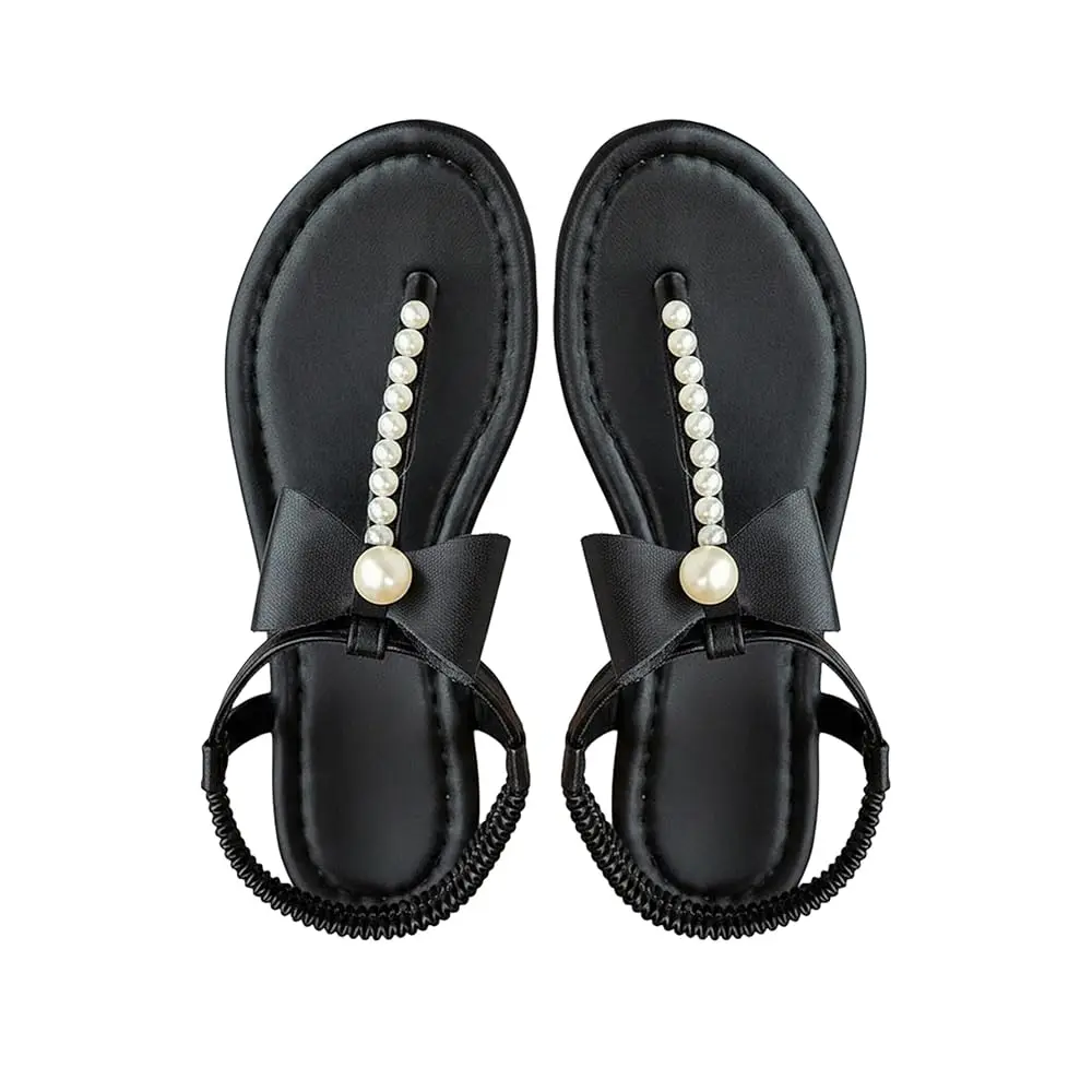 

Women's Pearl Beaded T Strap Thong Sandals Elastic Ankle Strap Flat Sandals Beach Wedding Shoes
