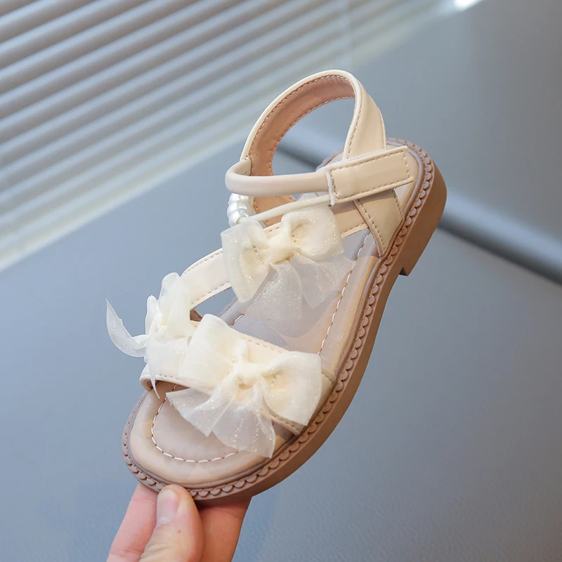 Fashion Sandals for Girls 1-18 Years Beige Open-Toe Bow Kids' Shoes Silver Flat Non-slip Kids' Sandals Baby Children Kids Shoes
