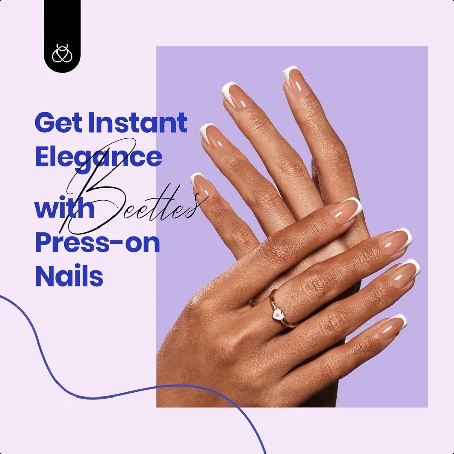 Beetles Short Square French Tip Pr On Nails Brown 64 Pcs PreShaped Fake Nails Reusable Nail Kit with Quickdrying Nail Glue Mini