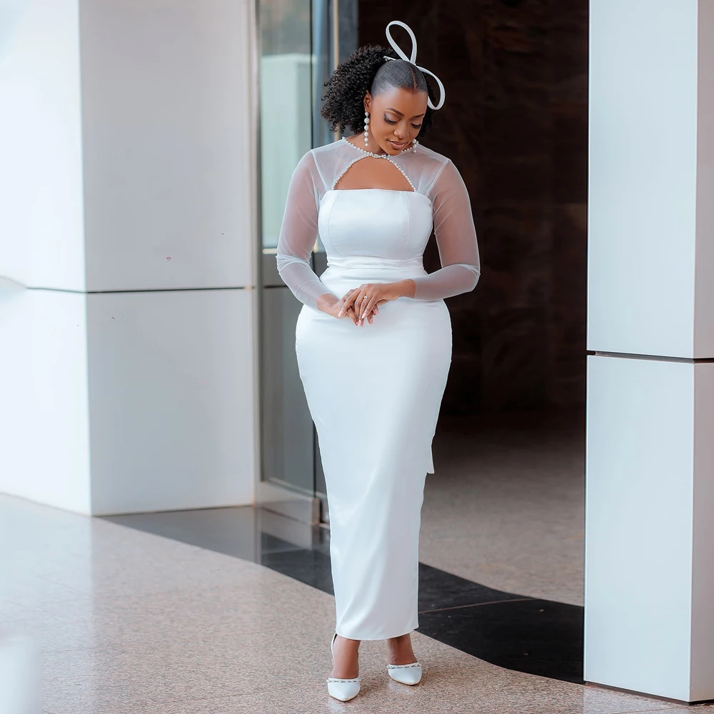 

Aso Ebi Satin Wedding Dresses for Women O-Neck Beading Bow Long Sleeves Robe De Mariée Mermaid/Trumpet Party Gowns Customized