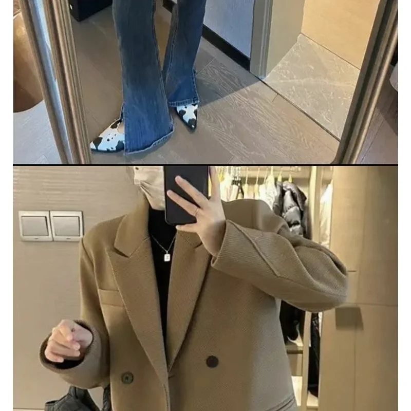 Outono e inverno feminino novo terno emendado colarinho botão bolso cor sólida solto versátil casual blazers de manga comprida