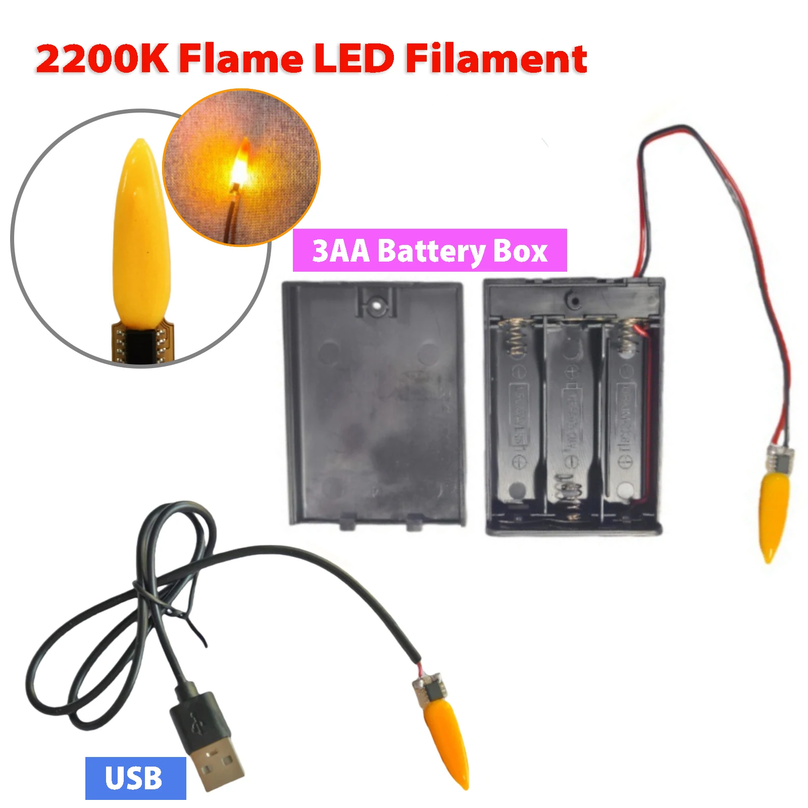 3-5V LED Flash Flame Candle LED Filament USB/3AA Battery Powered 2200K Diode 2 Modes Christmas Party Decoration Light Bulb Parts