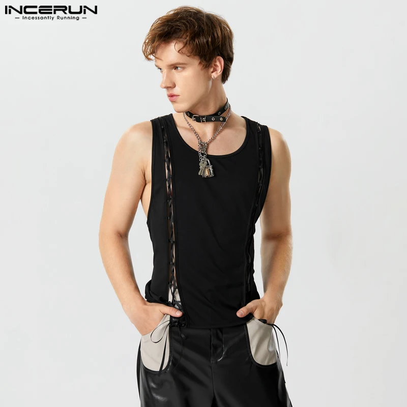 2023 Men Tank Tops Solid Color O-neck Sleeveless Fashion Casual Vests Lace Up Hollow Out Streetwear Men Clothing S-5XL INCERUN