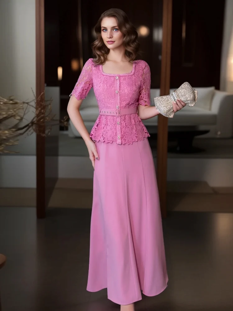 

SEQINYY Elegant Pink Midi Dress Summer Spring New Fashion Design Women Runway High Street Short Sleeve Lace A-Line Office Lady