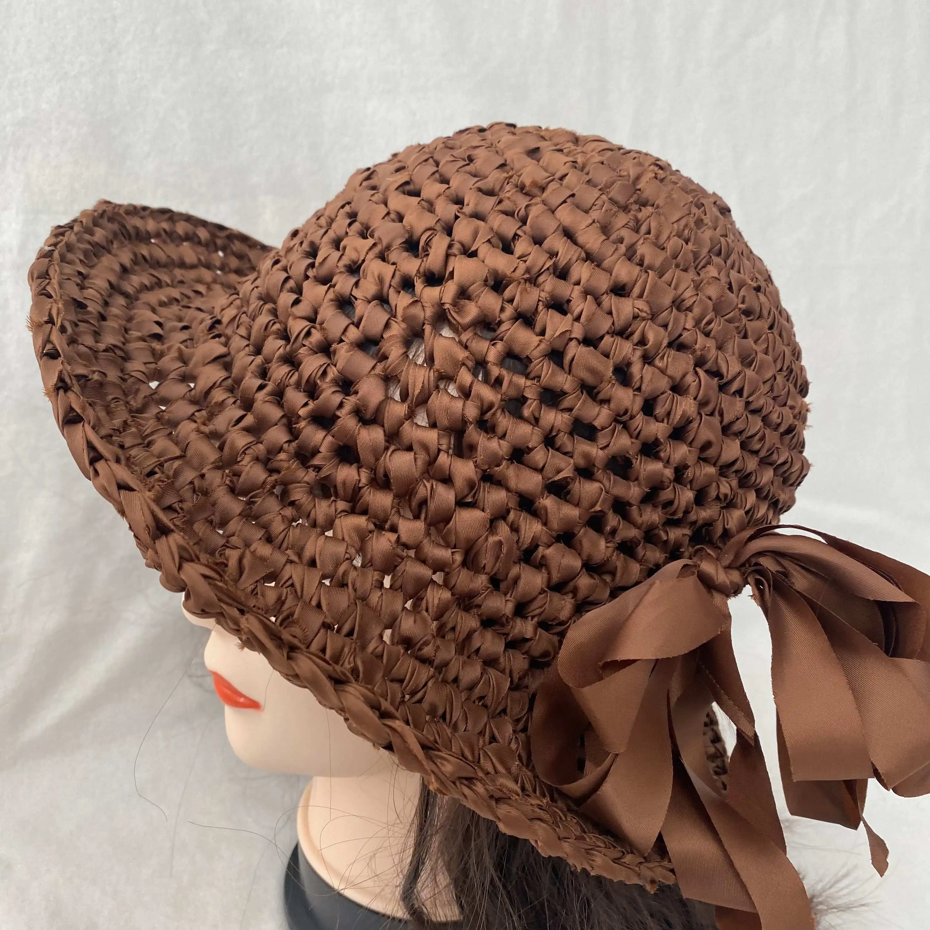 Handmade Wide Brim Bucket Hat Solid Color Fabric Yarn Crochet Summer Hat for Relaxed Vacation Wardrobes and Outdoor Cafe Visits