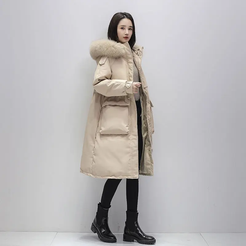 FTLZZ Winter 90% White Duck Down Coat Real Fur Hooded Jacket Casual Big Pocket Thick Parkas Loose Jackets Windproof Snow Outwear