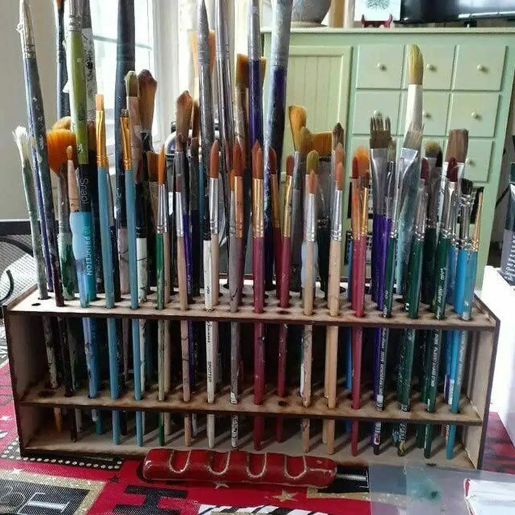 67 Holes Paint Brush Holder Wooden Paint Brush Holder Stand Desk Organizer Watercolor Brush Tray Rack For Pencils Paint Brushes