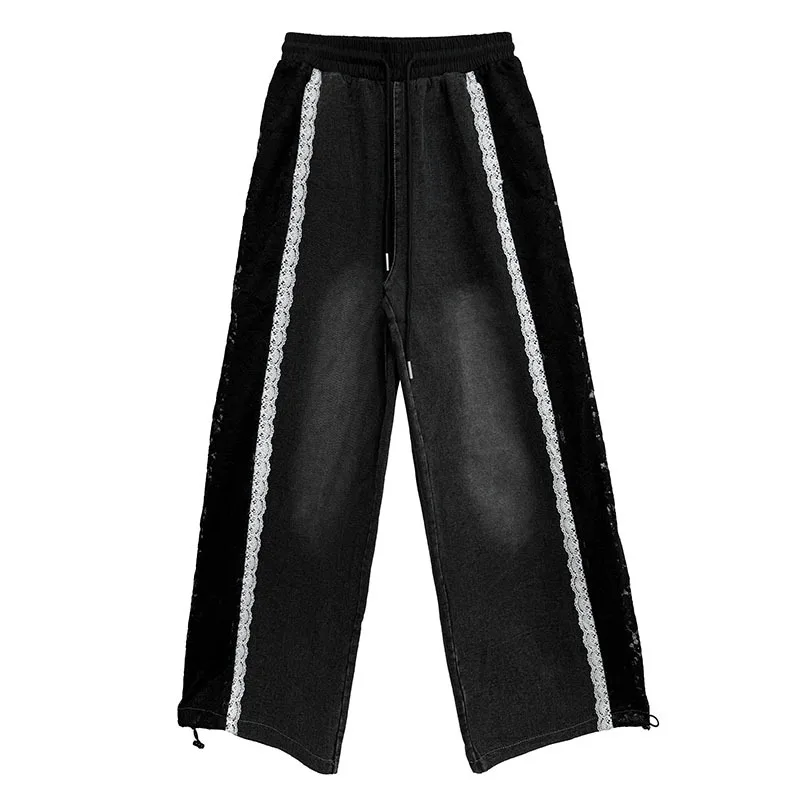 

American lace denim pants, street girl contrasting high waisted wide leg jeans, summer slimming retro pants for women