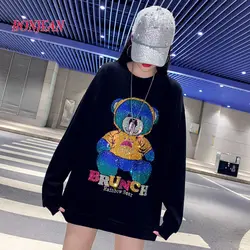 Y2K ponadgabarytowych 2022 beading niedźwiedź Cartoon koreański Plus rozmiar 4XL Kawaii bluza damska jesień i zima luźna bluzka Harajuku