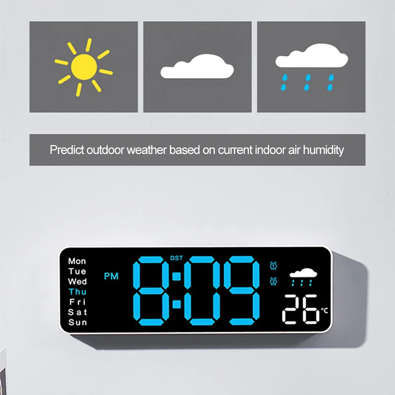 Large Screen Digital Wall Clock Temperature Humidity Date Week Display Weather Clock Dual-Alarms USB Electronic LED Alarm Clocks