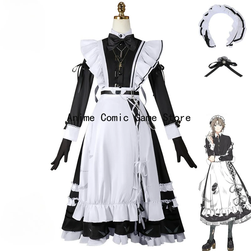 متوفر S-2xl Nijisanji Kanae تأثيري خادمة Vtuber تأثيري طويلة الأكمام فستان أسود ملابس حفلات الهالوين للنساء