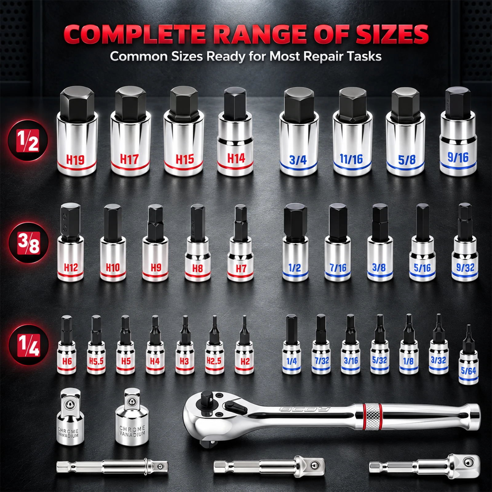 SEDY 38Pcs Hex Bit Socket Set with Ratchet Wrench, Metric & SAE Adapters Extensions 1/4