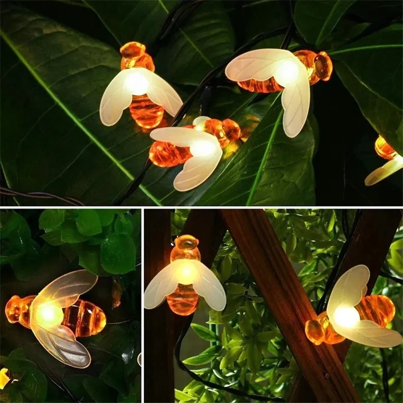 Solar Bee String Lights Outdoor Solar Power LEDs Strings Waterproof Decors Lamp Garden Christmas Holiday LED Decor Outdoor