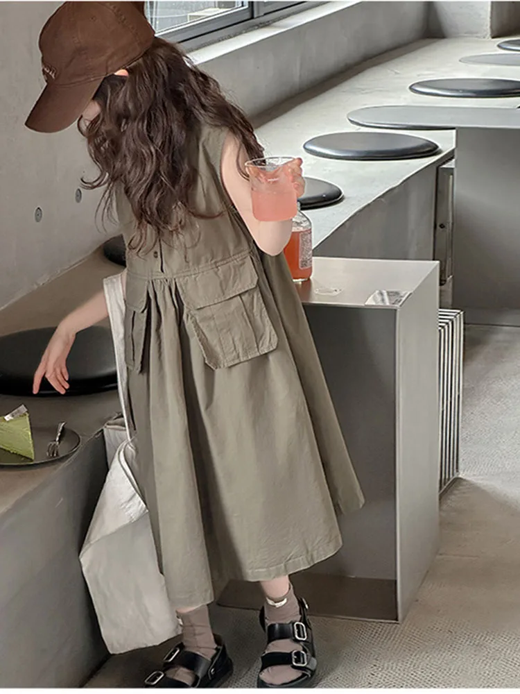 Vestiti per ragazze 2026 Abiti verdi estivi Tasche per bambini Abiti per bambini per bambini 5 6 7 8 9 10 11 12 13 14 15 16 17 18 19 20 anni