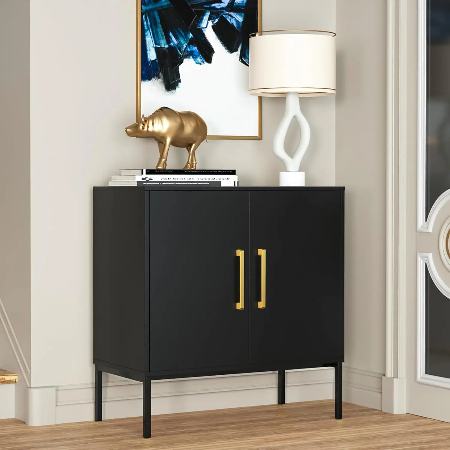 

Accent Cabinet Modern Wooden Free Standing Sideboard with 2 Doors, Black Side Cabinets with Adjustable Shelves for Living Room