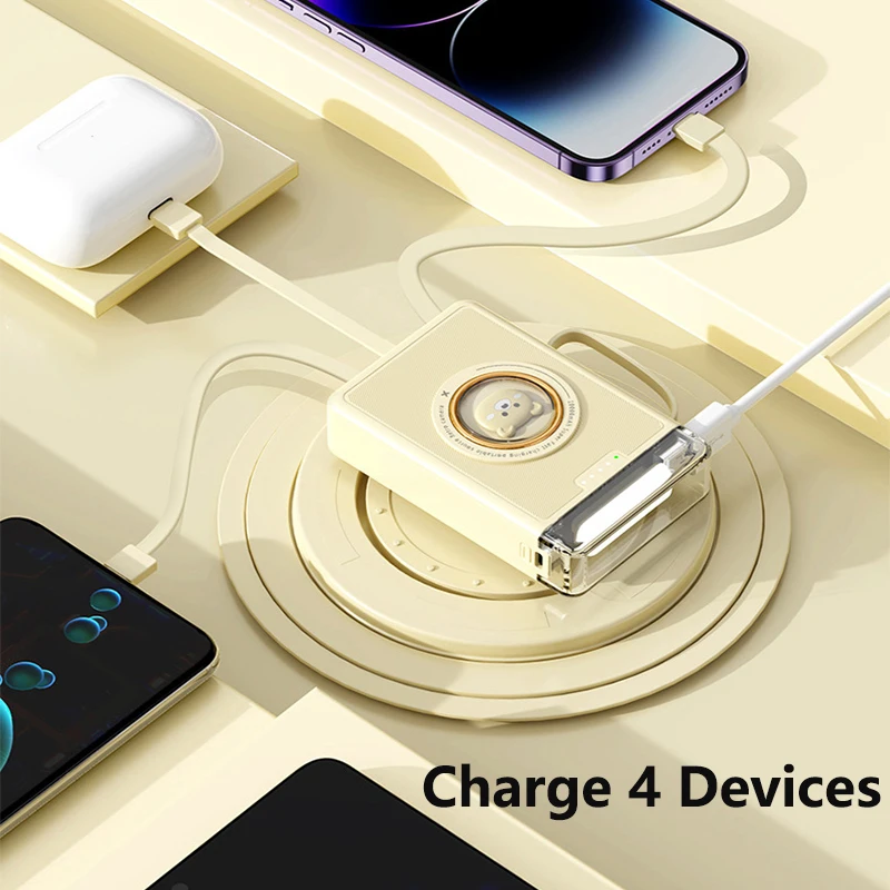 Mini Power Bank 20000mAh Built in Cable Portable Charger External Battery Pack Powerbank for iPhone 16 15 14 Xiaomi Mi Poverbank