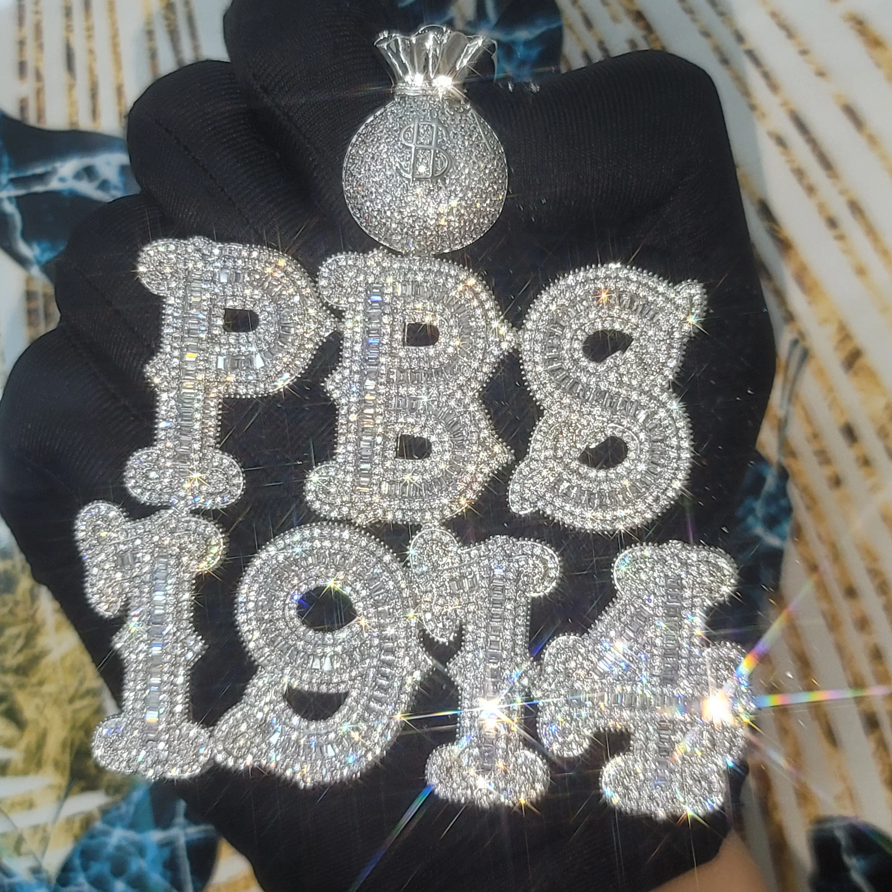 Customize Money Bag Bail Name Pendant Iced Out Spikes Letters&Numbers Necklace Personalized Multiple Lines Word Jewelry Chain