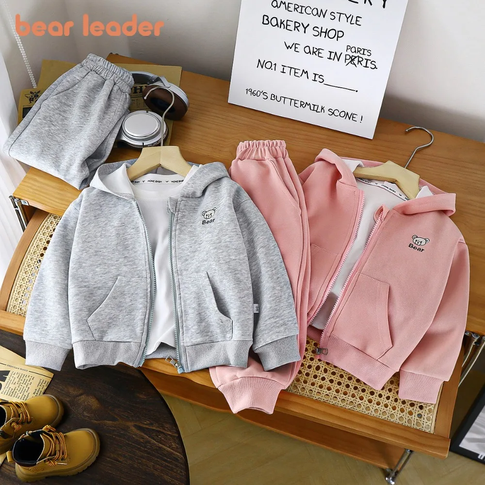 

Bear Leader Autumn Boys' and Girls' Casual Sportswear Gray Children's Clothing Bear Print Long Sleeved Hooded Top Pants 2Pcs Set