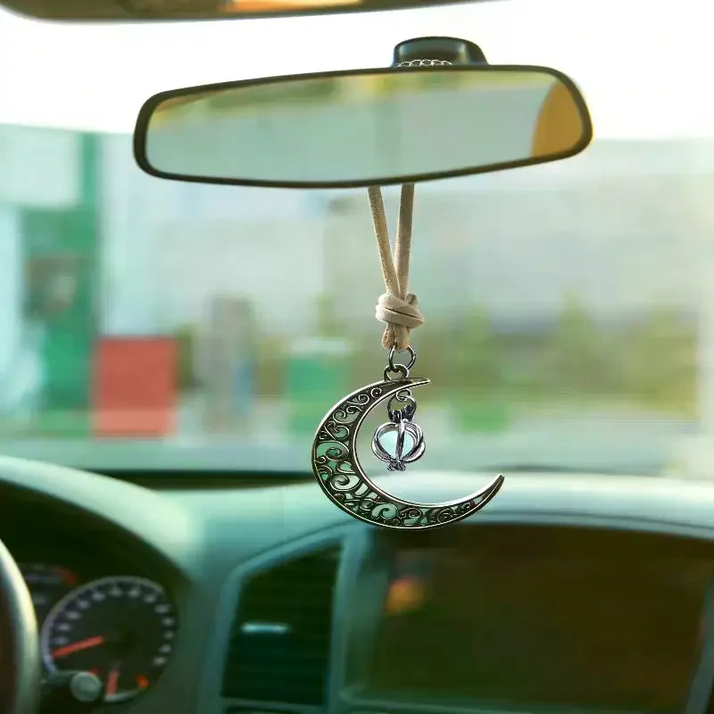 Moon Pendant Car Hanging Ornament – Hollow Crescent Design, Inlaid With Luminous Stone, Elegant Rearview Mirror Decor