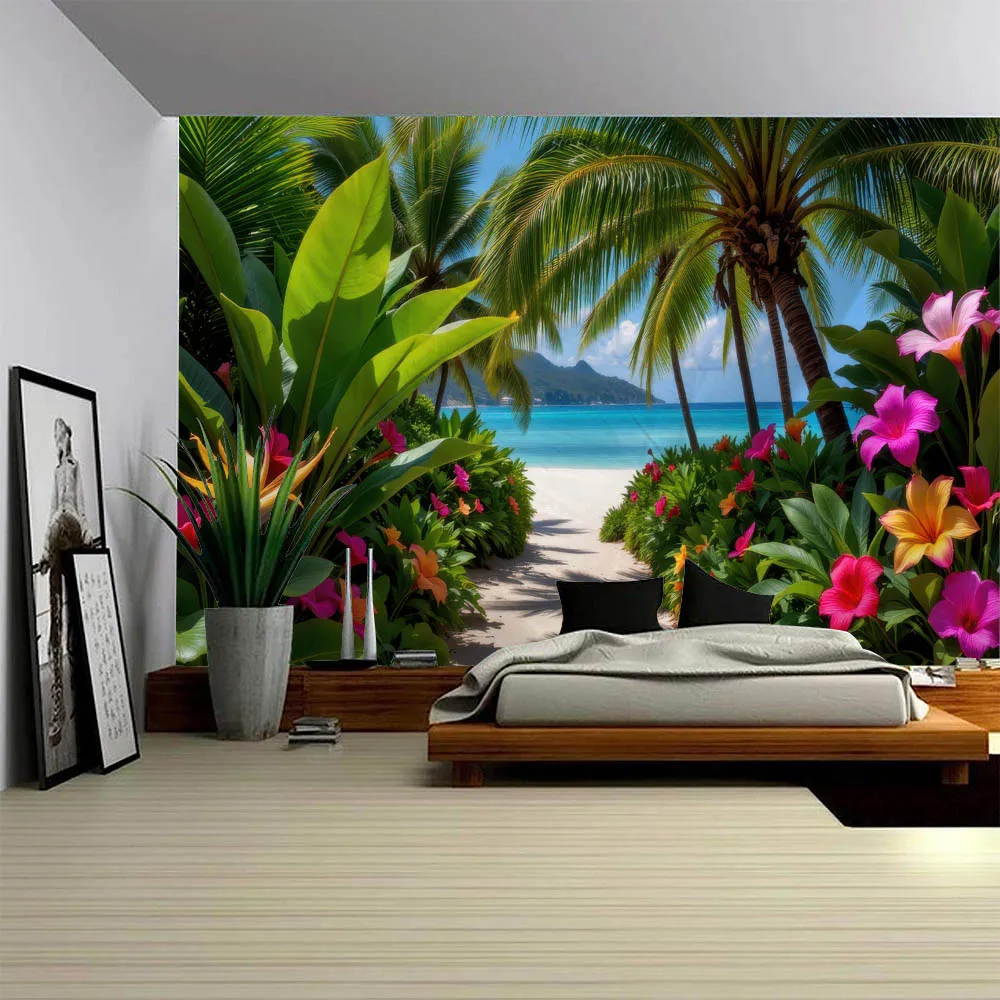 Sea Scenery Tapestry, Flowers and Palm Trees, Wall Hanging Cloth, Home Living Room and Bedroom Aesthetic Decorations, Washable