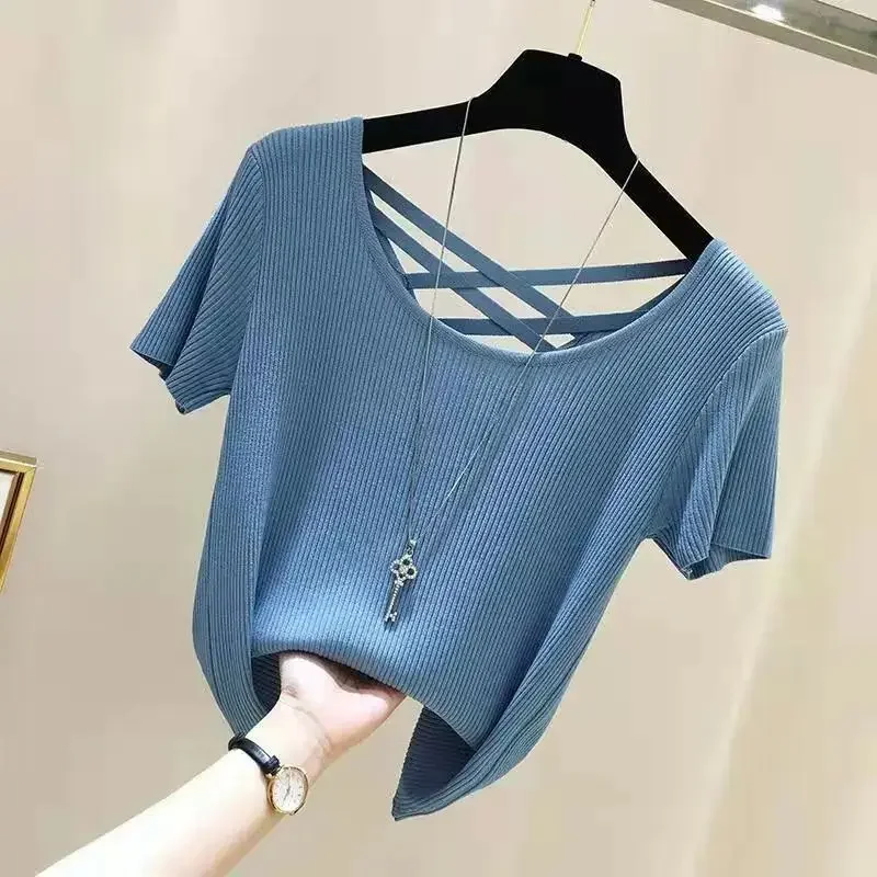 Summer New Women Knitted T-shirt Sexy Backless Hollow Out Short Sleeve Pretty Koreon Clothing Female Fashion Casual Thin Tops