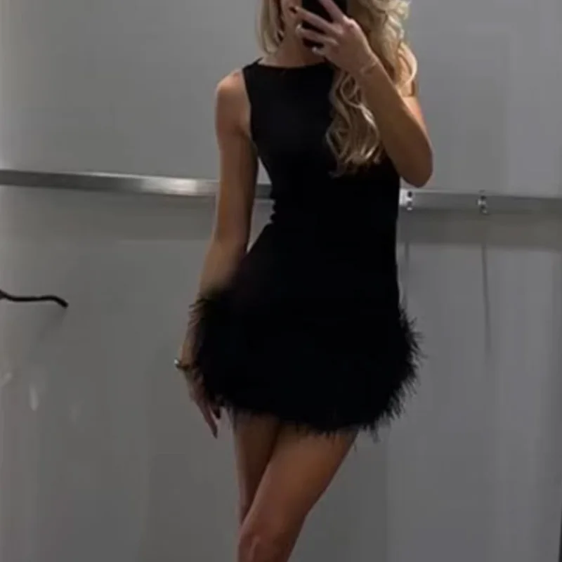 HXAO Women\'s Dress Feathers Sleeveless Mini Dress Elegant Black Short Dresses Bodycon Party Dresses Woman Vest Christmas Dress