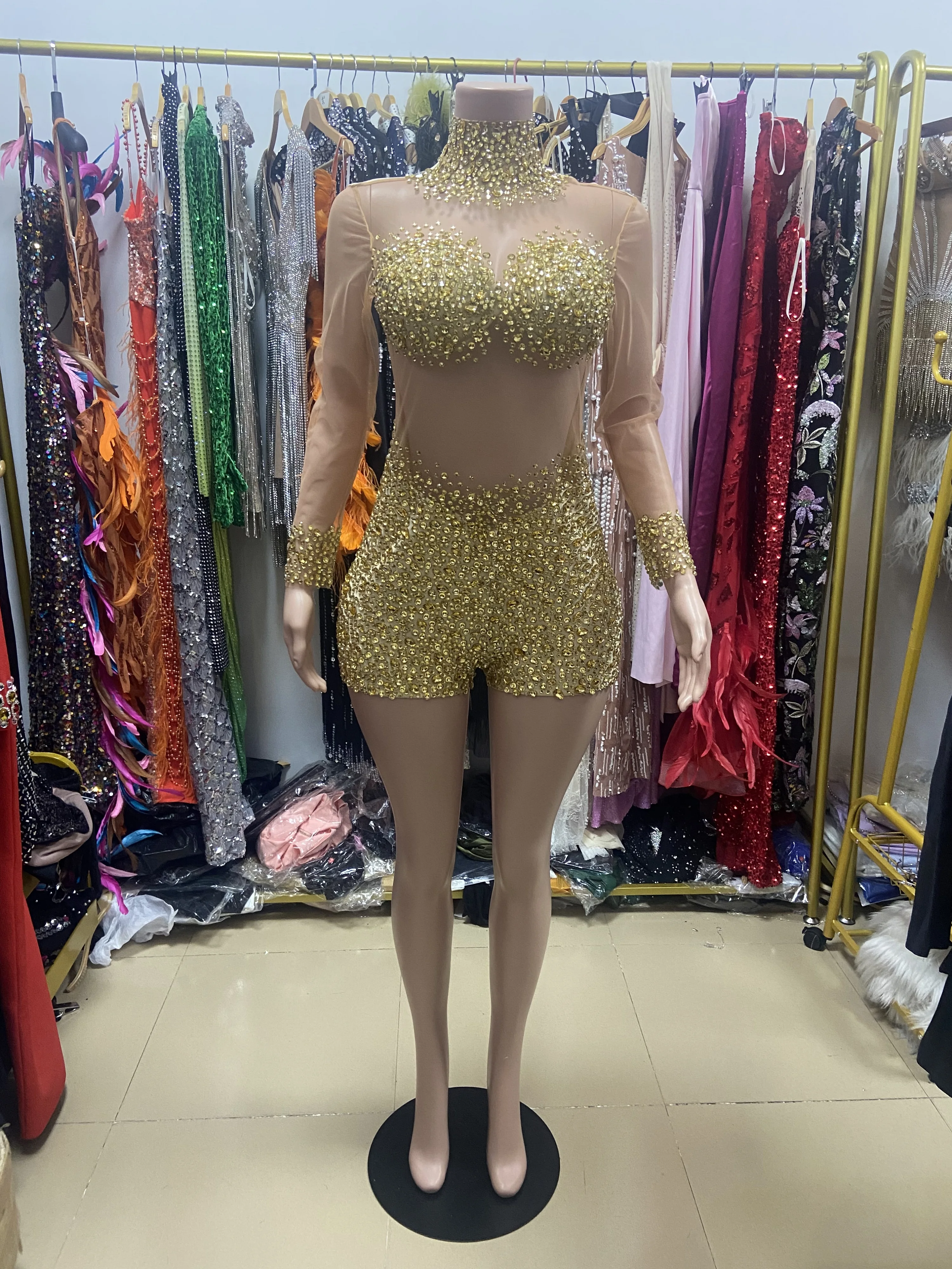 Sexy Sparkly Golden Crystals See Through Bodysuit Women Nightclub Birthday Party Club Dance Costume jumpsuit Show Stage Outfit