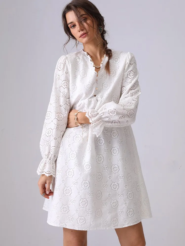 

2025 New Hollow Embroidery Lace Dress Button V Neck Long Sleeve Spring Summer Dresses Casual Boho Beach Women Vestidos
