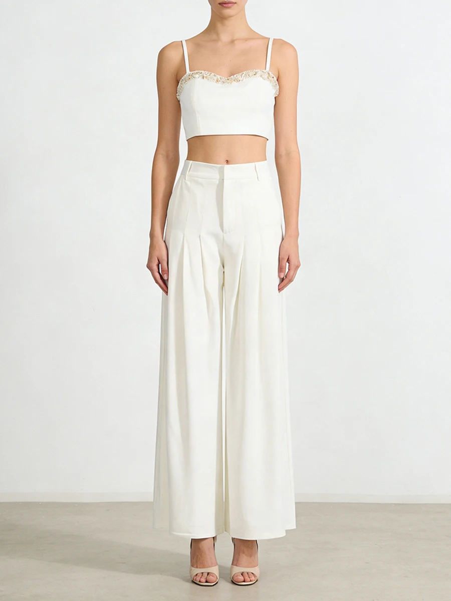 TWOTWINSTYLE solide bases deux pièces ensembles pour femmes col carré sans manches épissé perle gilet taille haute jambe large pantalon ensemble femme