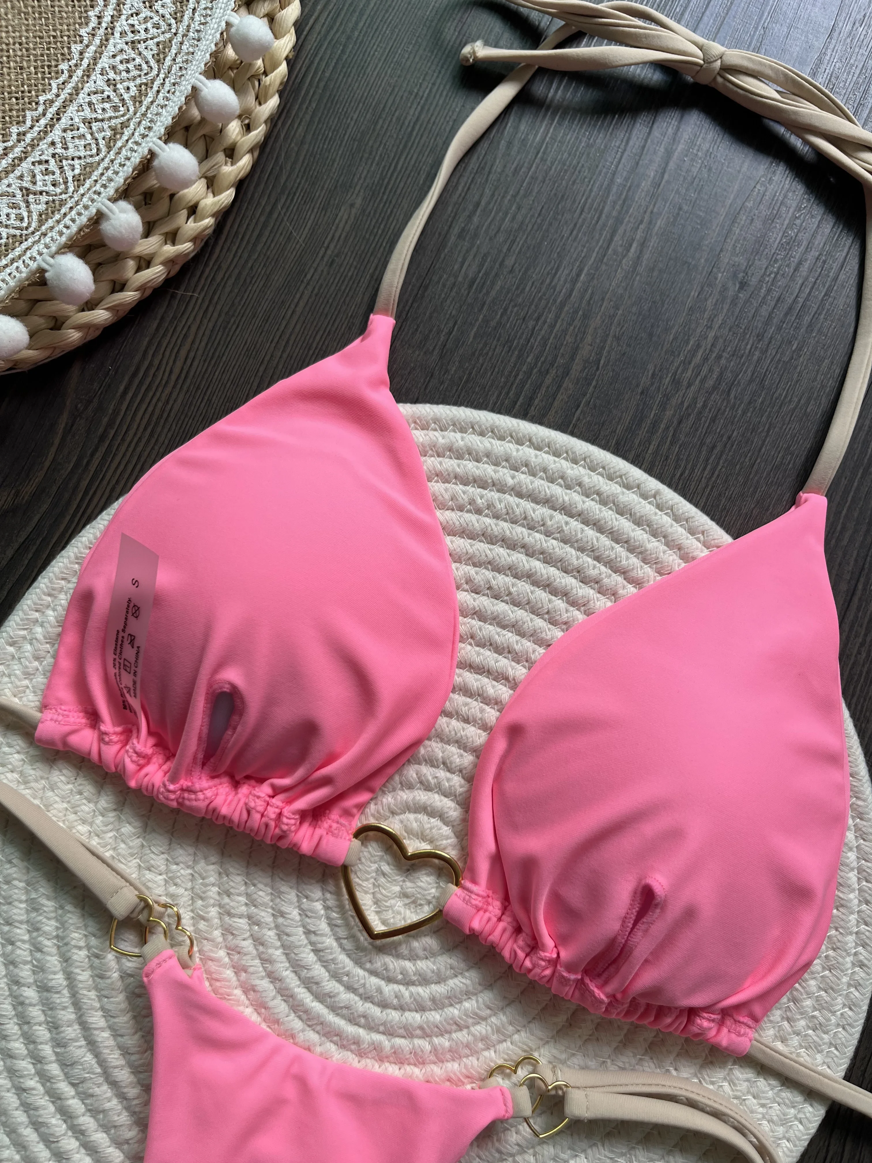 Maiô feminino sexy sólido maiô coração anel de metal conjunto de biquíni com cordão de duas peças beach wear rendas até biquinis divididos