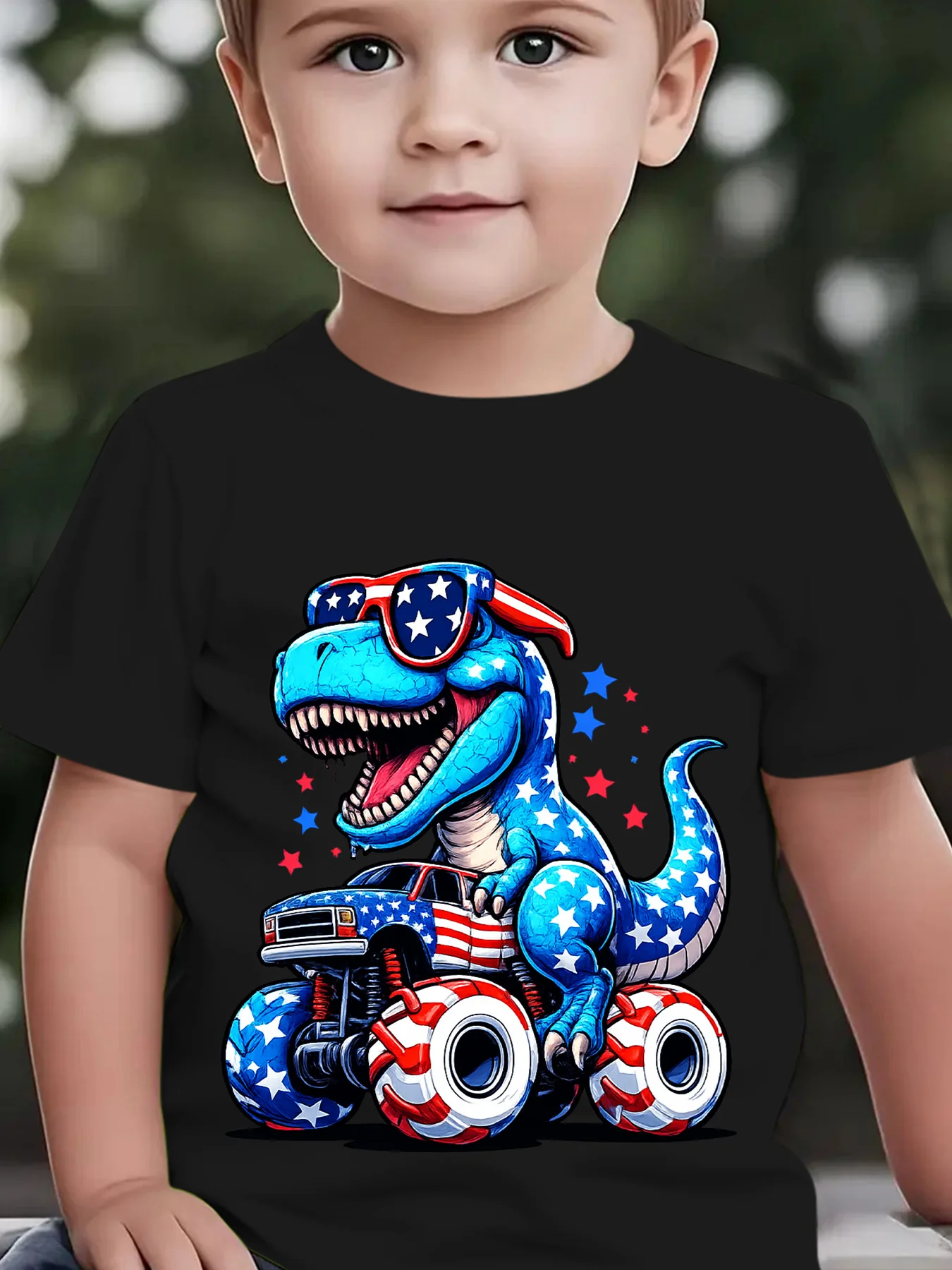 Children's Fashion T-shirt for Independence Day USA T-Rex Off Road Car Cartoon Pattern Printed Casual Top