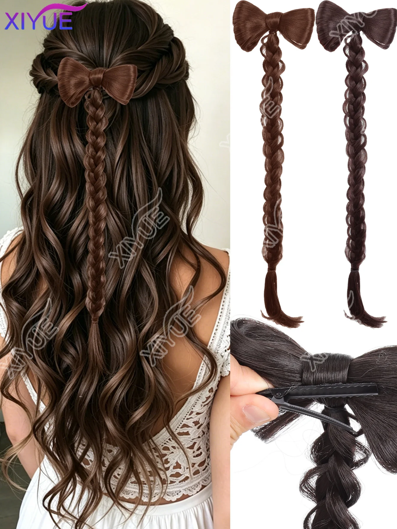 

XIYUE 18 inch braided synthetic wig, braided wig with bow hair clip, elegant hair accessory, hairstyle decoration