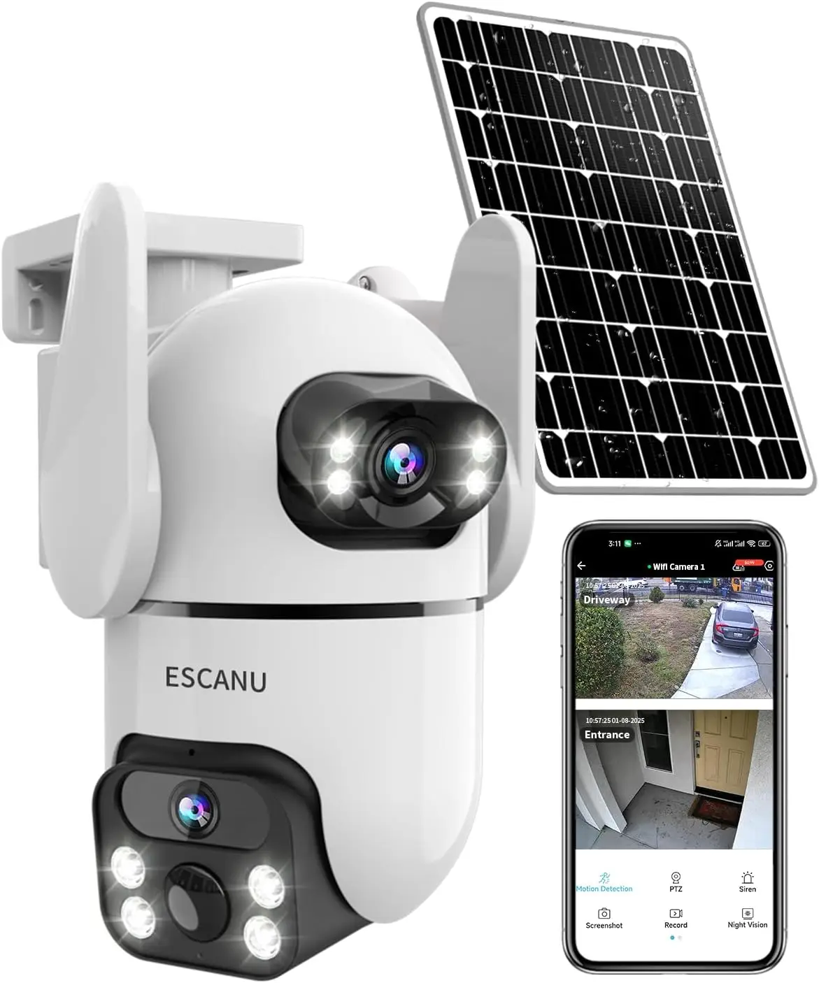 

Беспроводные уличные камеры видеонаблюдения с двумя объективами, Wi-Fi, двустороннее аудио, ночное видение, обнаружение движения, водонепроницаемость IP65