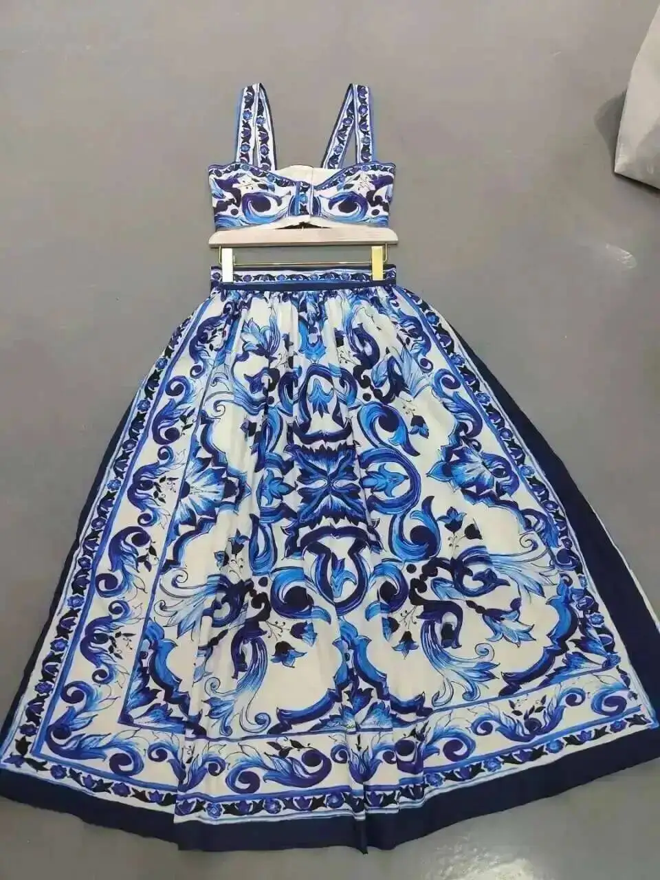 Women Dress Runway Summer Clothes Midi Dress Spaghetti Strap Blue White Porcelain Elastic Bust A-line Vintage Long Dresses