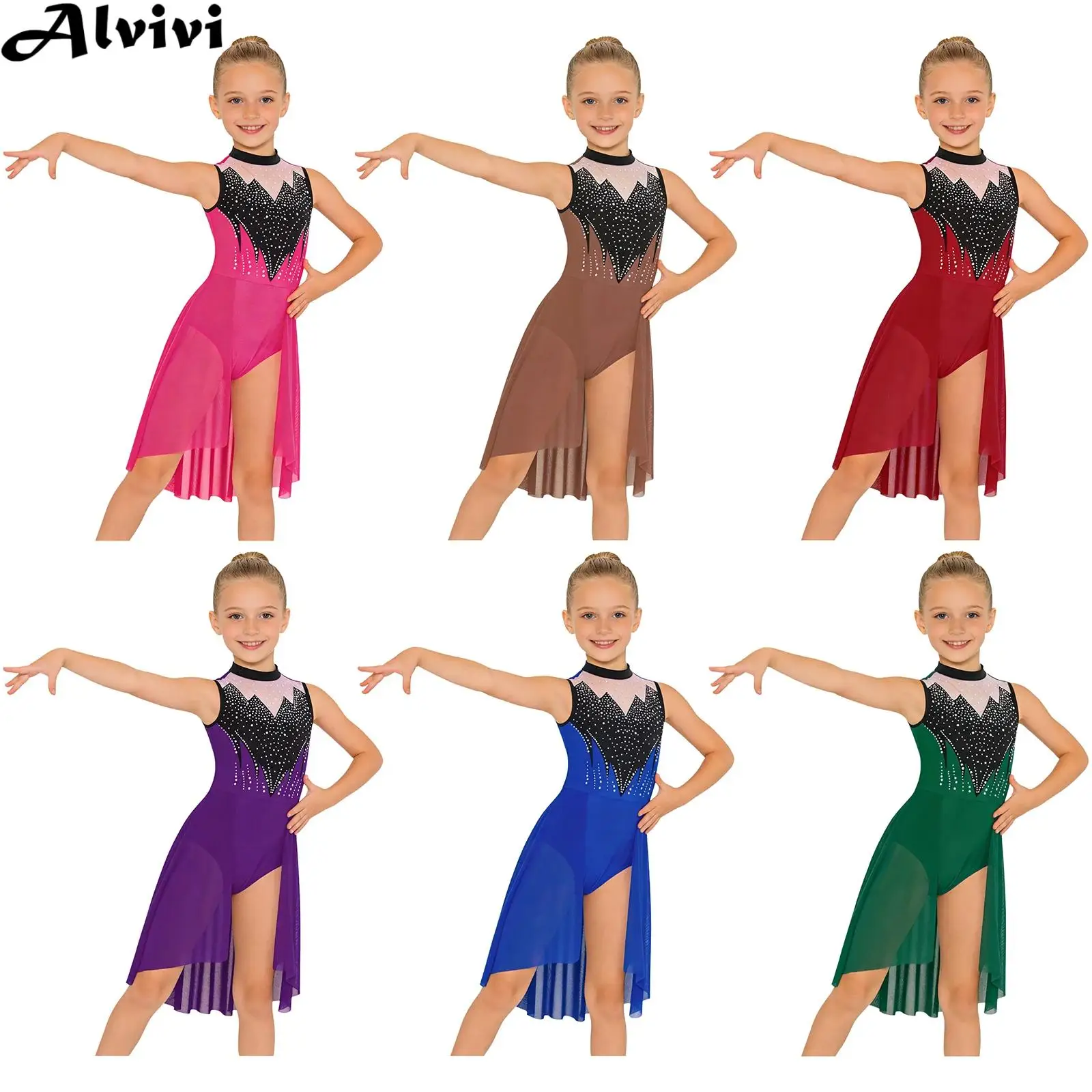 

Детское трико для лирических танцев для девочек, фигурного катания, гимнастики, акробатики, платье без рукавов, сетчатое боди со стразами