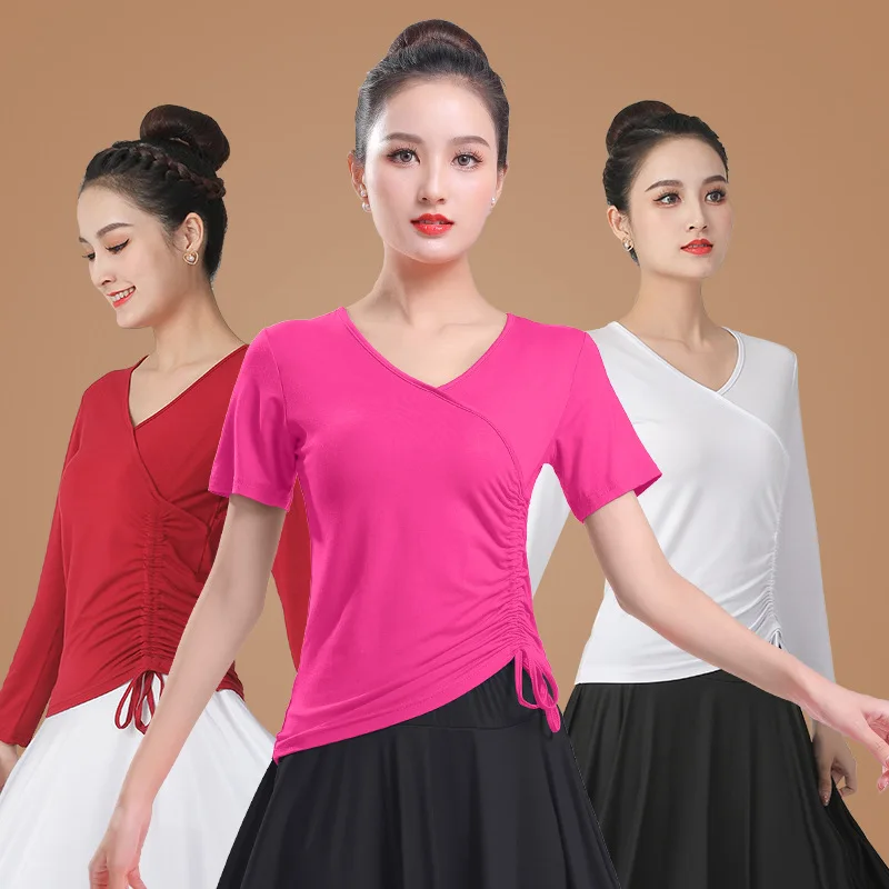 Square dance clothing new drawstring short sleeved long sleeved top dance practice suit group social dance dance dance clothing