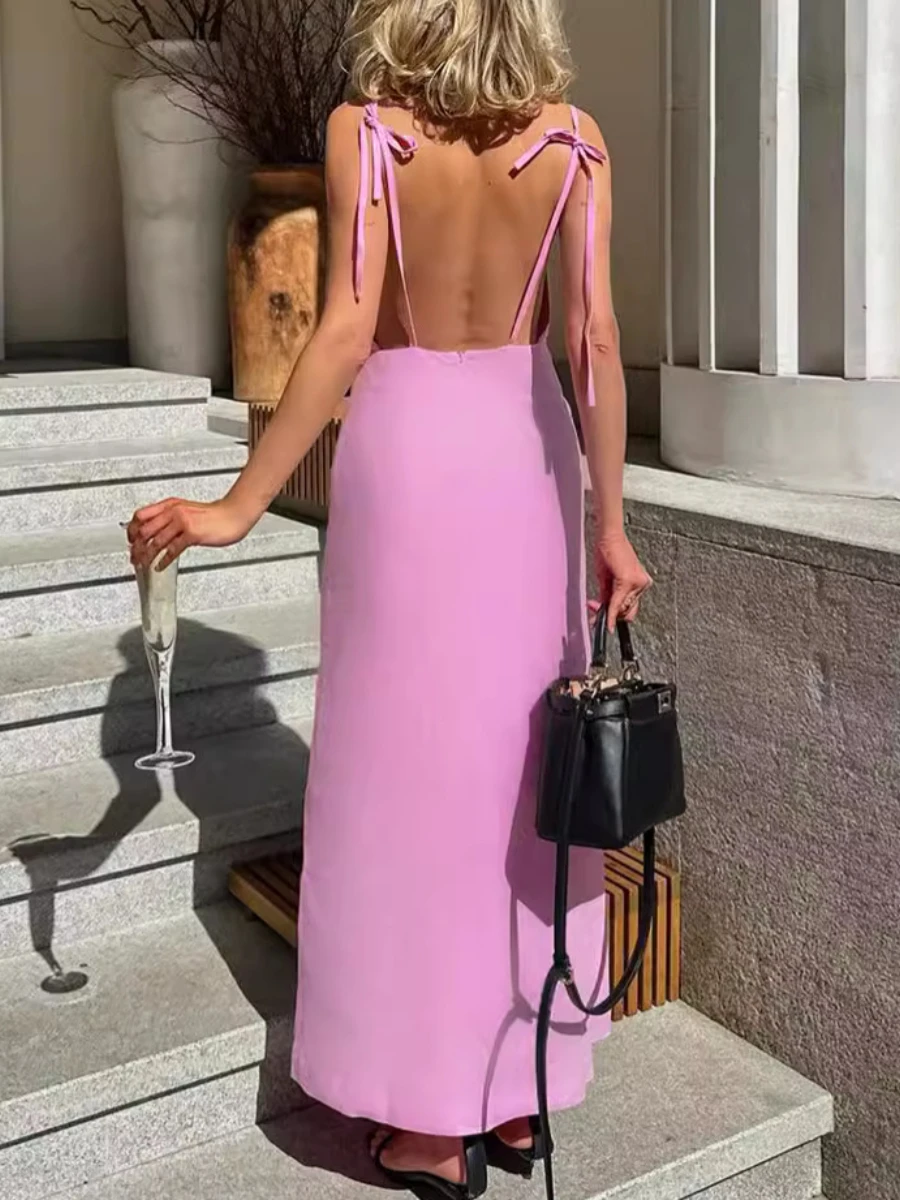 Bronladies Deep V-strap Backless Dress Women Fashion Eegant Long Skirt Basic 100% Cotton Summer Sexy Camisole Sleeveless Dress