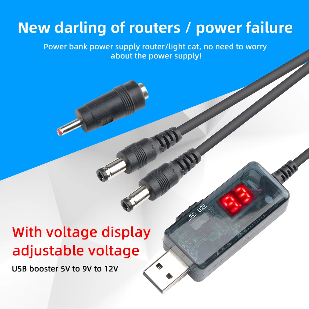 LED Display USB Boost Converter DC 5V To 9V/12V Step-up Cable 1 to 2 for Charging/Power Conversion with 3.5x1.35mm Connector