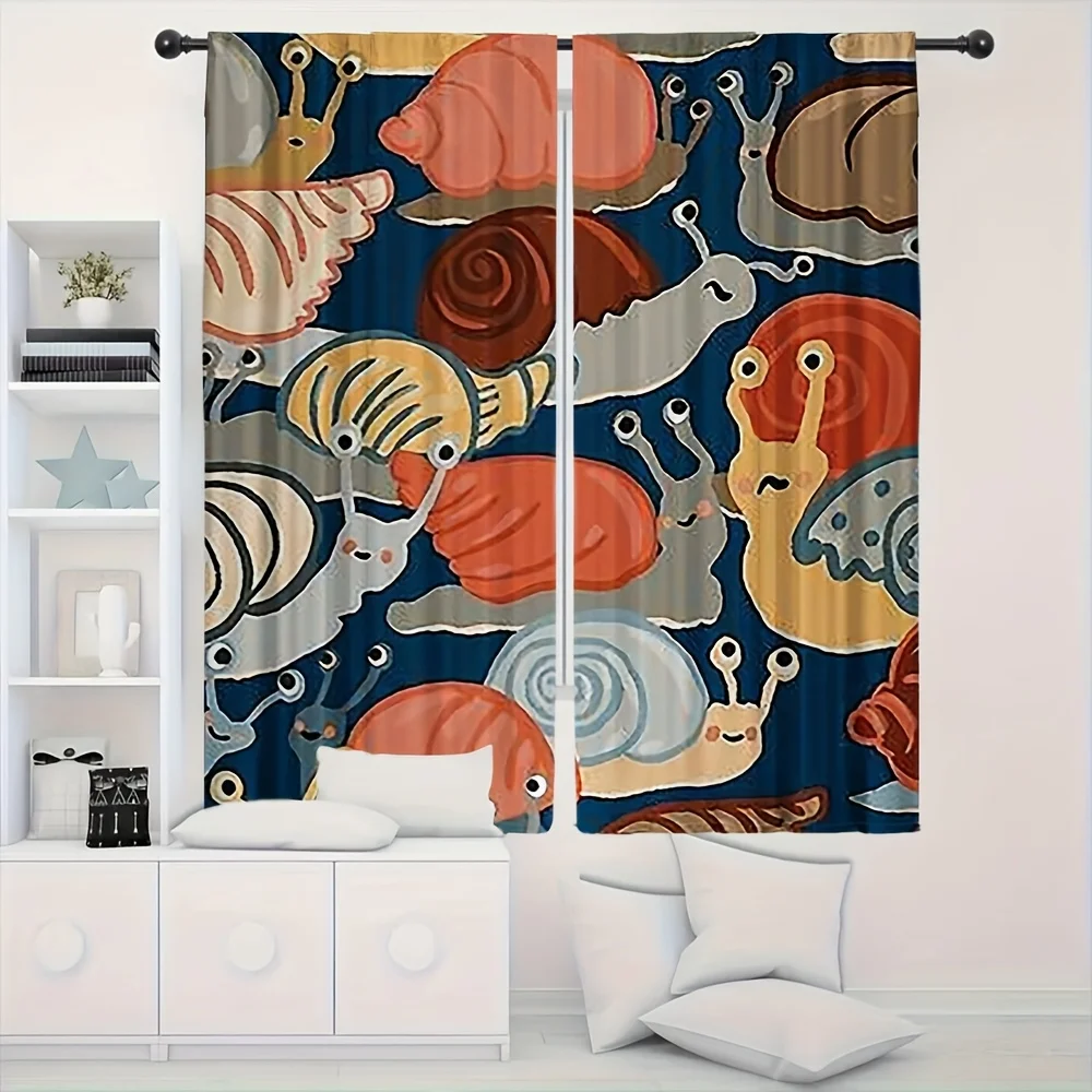 2pc Decorative Living Room Curtains Seashell Snail Print Ocean Theme Nautical Whimsical Home Decor Window Curtains Panel Curtain