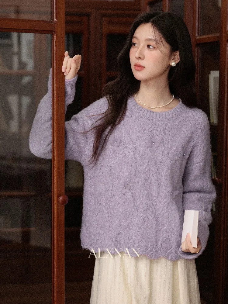 ALXNAN حجم كبير سترة الأرجواني الخريف الشتاء الدافئة فضفاضة تناسب كم طويل البلوز عادية ثلاثية الأبعاد الدانتيل مطرز المرأة لاعبا D00648