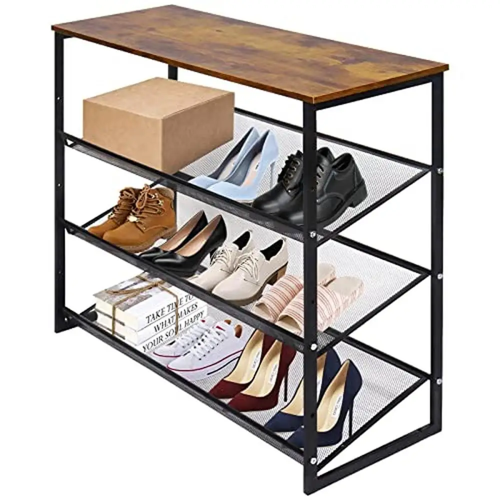 

4-Tier Adjustable Shoe Rack Organizer Freestanding Wood Metal Entryway Shelf Kit Stable Shoe Storage High Heels Adult Rooms