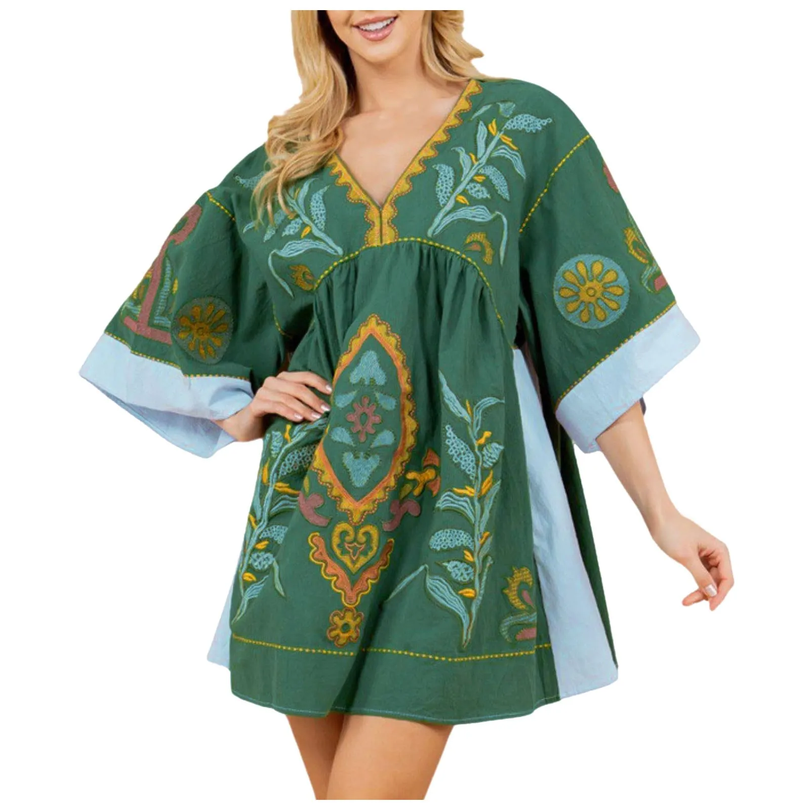 Embroidered V Neck Three Quarter Sleeves Mini Dress Loose Fit Vintage Color Block Dress Women Comfy Pleated Vacation Dress