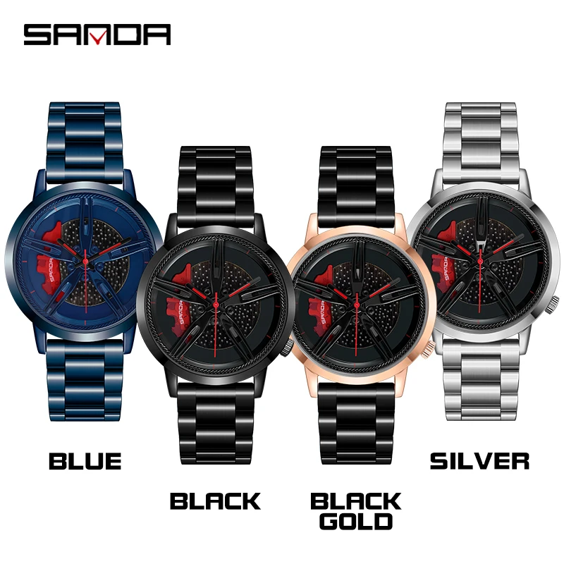 SANDA P1040 New Special Wheel Series Dial Men Watch Steel Strap Hook Buckle Premium Quartz Movement Waterproof Gift Wristwatch