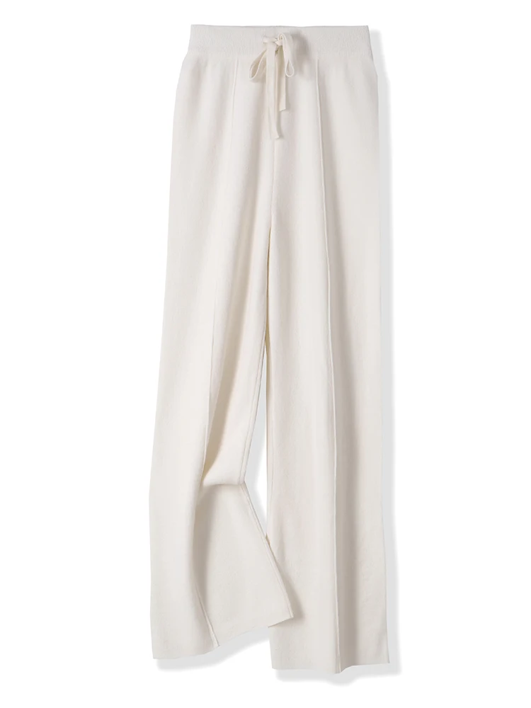 Women's Wide Leg Pants Autumn Winter 100% Merino Wool  Pants Knit Warm Cashmere Trousers Lace Up Elastic Casual Straight Pants