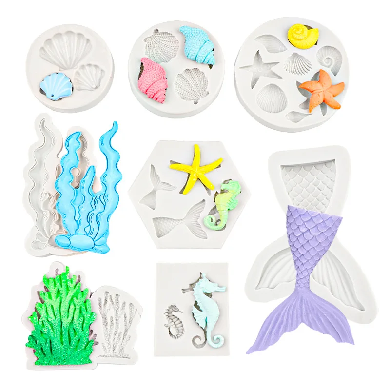 

Internet Red Sea Series Shell Coral Silicone Mold Fondant Mold Seahorse Fish Tail Starfish Baked Cake Chocolate Mold